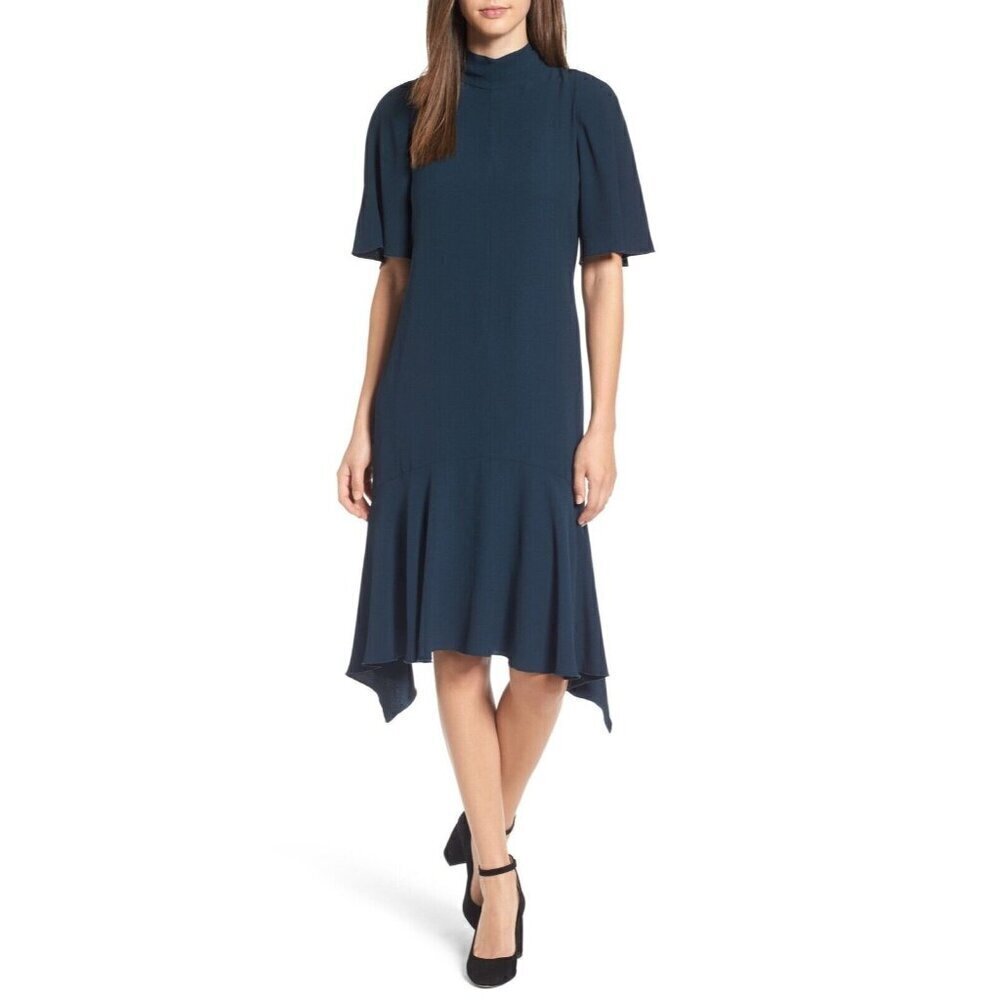 Lewit Women Green Scarab Mock Neck Back Tie Elbow Sleeve Rippling Dress Size 10